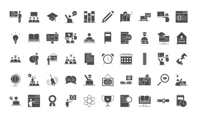 teach school education learn knowledge and training icons set silhouette style icon