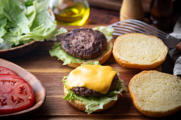 burger on wooden cutting board