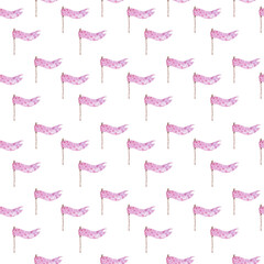 Seamless pattern with pink girlish bunting flags. Cute childish birthday ribbons on white background. Hand drawn watercolor flag For kid party