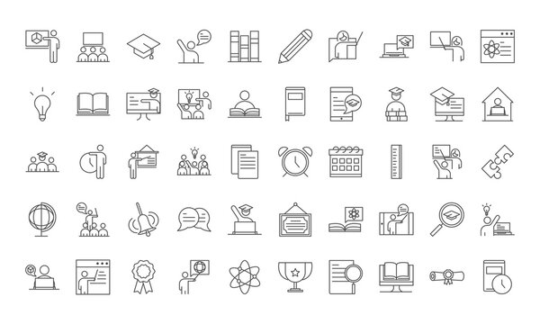 teach school education learn knowledge and training icons set line style icon
