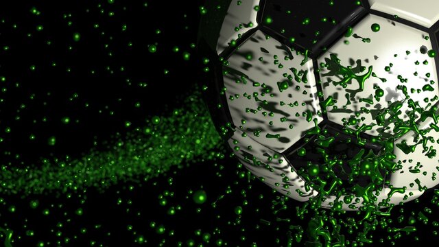 Soccer ball with Green Rotating Particles under spot light Background. 3D sketch design and illustration. 3D high quality rendering.
