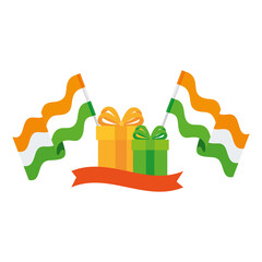 gift boxes of green and yellow colors with flags indian on white background vector illustration design