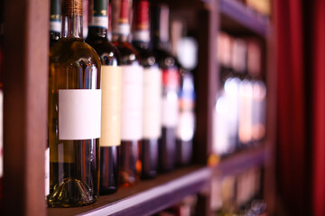 Rack with bottles of wine in store