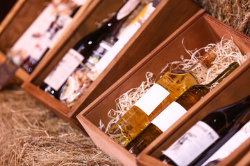 Boxes with bottles of wine in cellar
