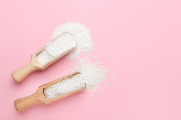 Scoops with flour and rice on color background