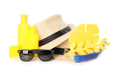 Composition with beach accessories on white background