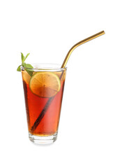 Glass of tasty Cuba Libre cocktail on white background