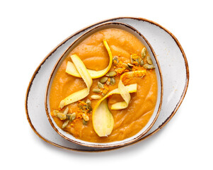 Bowl of tasty lentils soup on white background