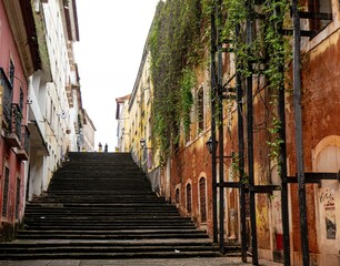 Stairs and old buildings decorated with ivy plants in a Brazilian town
