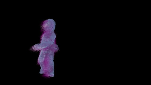 Long haired monster doing some breakdance moves. On a black background. 3D Render