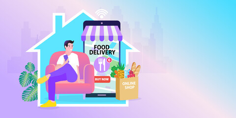 Naklejka premium Shopping online concept. Young man receiving parcel from delivery man indoors. Stay at home. Vector illustration in flat style.