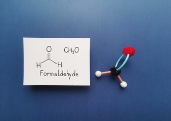 Molecular structure model and structural chemical formula of formaldehyde molecule. Formaldehyde...