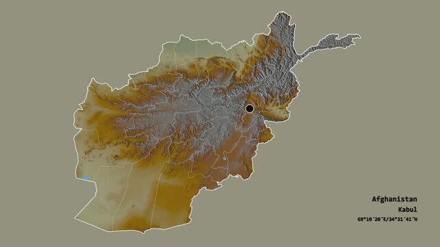Kapisa, province of Afghanistan, with its capital, localized, outlined and zoomed with informative overlays on a relief map in the Stereographic projection. Animation 3D
