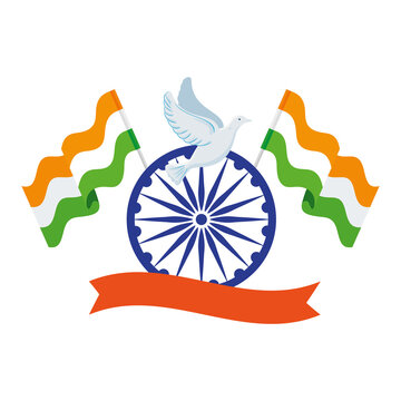 blue ashoka wheel indian symbol, ashoka chakra with dove flying and flags india vector illustration design