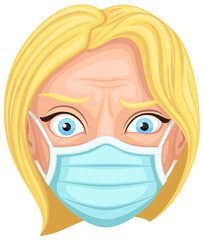 Vector illustration of a cartoon woman, uncomfortable in her protective face mask.