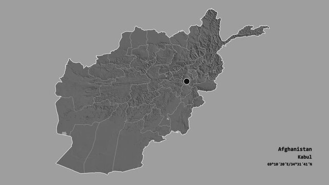 Kunar, province of Afghanistan, with its capital, localized, outlined and zoomed with informative overlays on a bilevel map in the Stereographic projection. Animation 3D