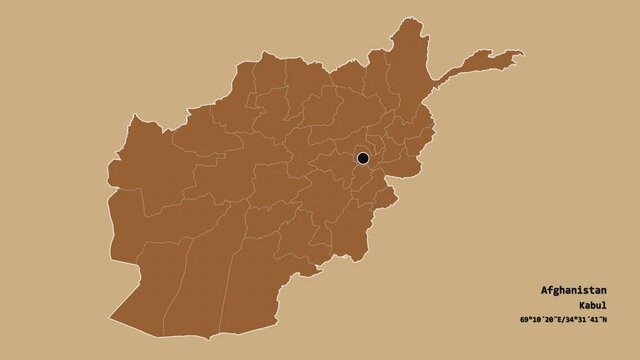 Kunar, province of Afghanistan, with its capital, localized, outlined and zoomed with informative overlays on a solid patterned map in the Stereographic projection. Animation 3D