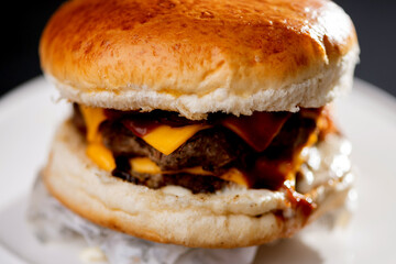 Foto em detalhe de um hamburguer com carne, queijo, molho.