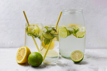 Cold lemonade with ice. Tasty lemonade with lemon, lime and mint. Summer refreshing drink