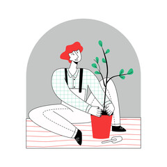 Vector flat illustration young man who is transplanting plant, tree. Concept gardening, care of home plants. You can use it in web design, banners, landing pages, postcards, etc. Square format.