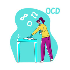 Vector flat illustration young woman who is cleaning, wiping table. Symbols for repeat and infinity are shown on top. Concept obsessive compulsive disorder or OCD.