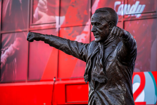 Liverpool, UK - May 17 2018: Statue of Bill Shankly in front of Anfield. He's the manager who brings Liverpool to 1st division in 1962 and rebuilt the team into fame in English and European football