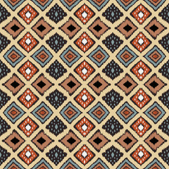 Ikat geometric folklore ornament with diamonds. Tribal ethnic vector texture. Seamless striped pattern in Aztec style. Folk embroidery. Indian, Scandinavian, Gypsy, Mexican, African rug.