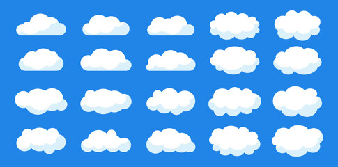 Cloud set flat cartoon style. Different volumetric clouds with shadow. Symbol, shape cloudy sky. White abstract nature weather elements collection. Isolated on blue background vector illustration