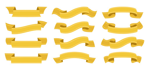 Gold ribbon set. Tape blank golden collection, decorative icons. Vintage design, ribbons sign cartoon style. Web icon kit of text banner tapes. Isolated vector illustration
