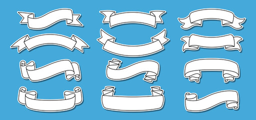 Ribbon line set vintage sticker label. Tape contour collection, decorative patch. Outline design, ribbons sign style. Web icon kit of text banner tapes. Isolated on blue background vector illustration