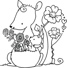 cartoon kangaroo with baby and flowers