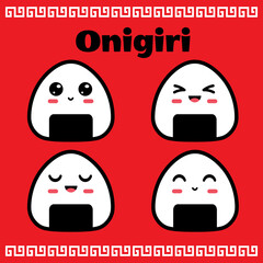 Illustration vector graphic of Cute Onigiri Emoticon Face Positive Emotions. Perfect for Food Industries, Packaging & Label, brochure illustration, background, sticker, etc