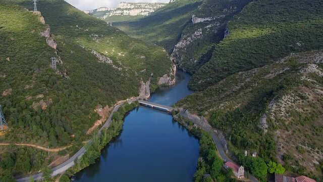 Aerial view of El Sobron lake and Ebro river canyon in Burgos, Castilla y Leon, Spain. High quality photo