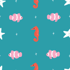 Green Seamless vector repeat pink red and green ocean animals pattern. This pattern has starfish, turtles, whales, clownfish, whales, and a turtle.