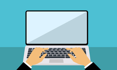 Laptop and hands on the keyboard. Vector Illustration.