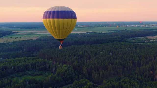 Colorful balloon fly over a pine forest at sunset. Aerial view
