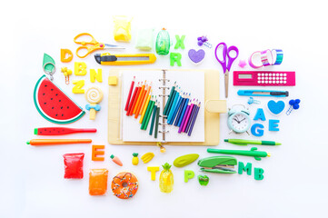 Stationery rainbow a lot flat lay Open diary Kawaii office supplies