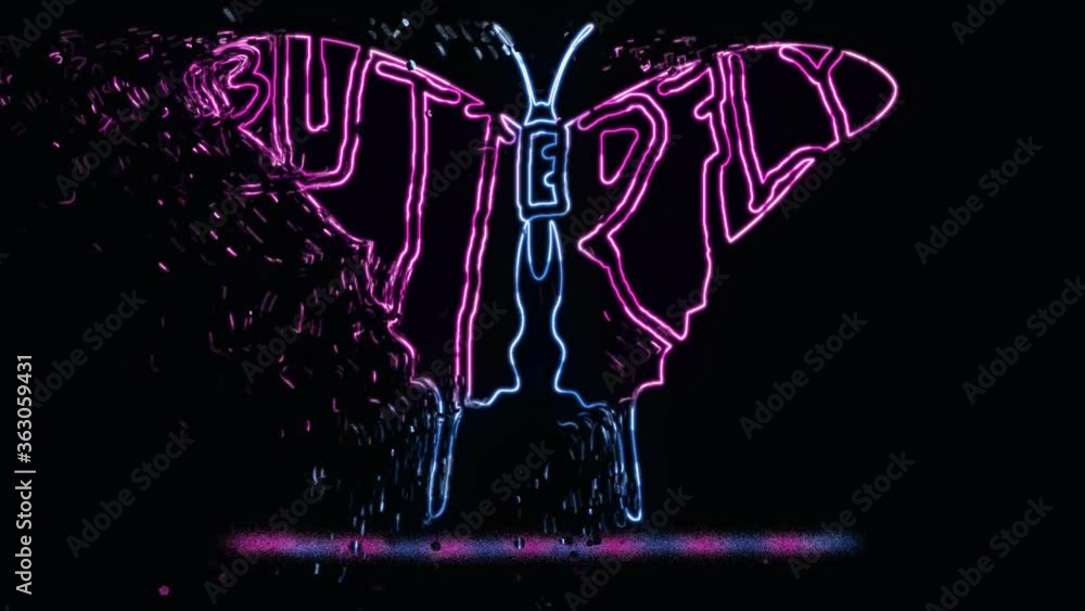Poster 4k video animation of the text butterfly written in the shape of a butterfly with neon light effect.