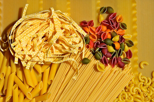 Pasta Abstract. Different types of pasta on table 