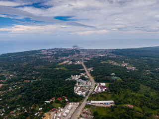 Beautiful aerial view of Limon downtown and its pier bay of Moin, APM and Limon in Costa Rica
