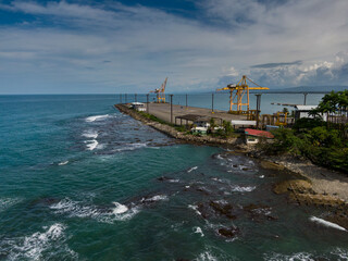 Beautiful aerial view of Limon downtown and its pier bay of Moin, APM and Limon in Costa Rica