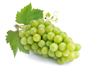 Shine Muscat Grape isolated on white background, Green grape with leaves isolated on white.
