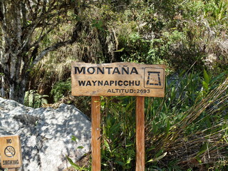 waynapichu mountain sign in inca trail in peru (machu picchu) in 2015
