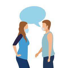 young couple wearing medical masks and speech bubbles