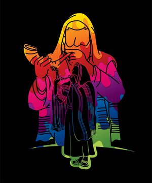 colorful jewish man blowing shofar clip art preview