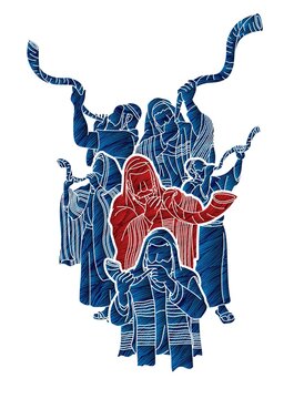 people blowing shofar horns blue red clip art preview