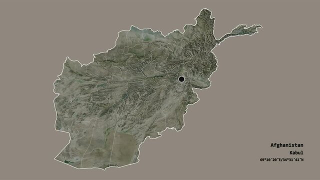 Nuristan, province of Afghanistan, with its capital, localized, outlined and zoomed with informative overlays on a satellite map in the Stereographic projection. Animation 3D