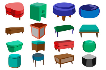 A large designer's set of sixteen furniture elements in a design of different shapes and from different sides. Puffs of furniture. Vector illustration.