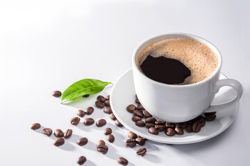 Coffee cup and coffee beans on white background