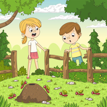 Two children watching ants in the garden. Hand drawn vector illustration with separate layers.